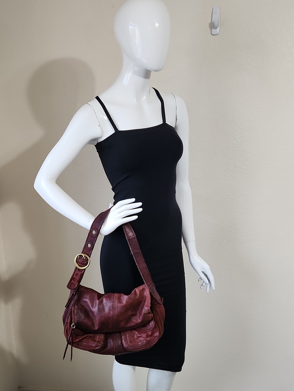Vintage Lucky Brand Lamb Burgundy Leather Stash Flap Over Shoulder Bag